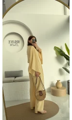 V Yaka Yarasa Kol Keten Takım Kavun Rengi