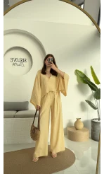 V Yaka Yarasa Kol Keten Takım Kavun Rengi