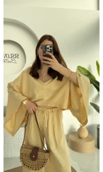 V Yaka Yarasa Kol Keten Takım Kavun Rengi