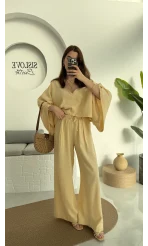 V Yaka Yarasa Kol Keten Takım Kavun Rengi