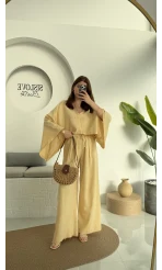 V Yaka Yarasa Kol Keten Takım Kavun Rengi