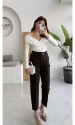 Valentina Dar Paça Kemerli Pantolon - Acı Kahve - Kod: 3790