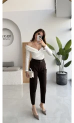 Valentina Dar Paça Kemerli Pantolon - Acı Kahve - Kod: 3790