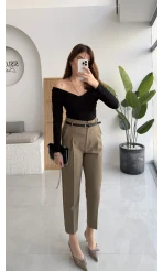 Valentina Dar Paça Kemerli Pantolon - Haki - Kod: 3790