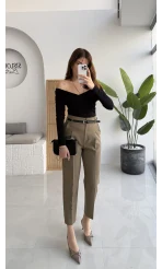 Valentina Dar Paça Kemerli Pantolon - Haki - Kod: 3790