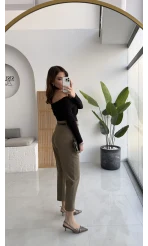 Valentina Dar Paça Kemerli Pantolon - Haki - Kod: 3790