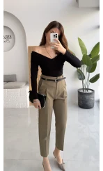 Valentina Dar Paça Kemerli Pantolon - Haki - Kod: 3790