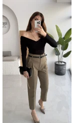 Valentina Dar Paça Kemerli Pantolon - Haki - Kod: 3790