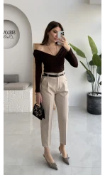 Valentina Dar Paça Kemerli Pantolon - Taş - Kod: 3790