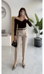 Valentina Dar Paça Kemerli Pantolon - Taş - Kod: 3790