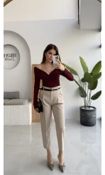 Valentina Dar Paça Kemerli Pantolon - Taş - Kod: 3790