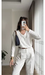 Valerie V Yaka Esnek Likralı Bluz Beyaz