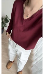 Valerie V Yaka Esnek Likralı Bluz Bordo