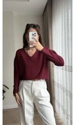 Valerie V Yaka Esnek Likralı Bluz Bordo