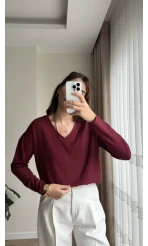 Valerie V Yaka Esnek Likralı Bluz Bordo