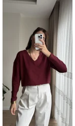 Valerie V Yaka Esnek Likralı Bluz Bordo