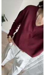 Valerie V Yaka Esnek Likralı Bluz Bordo