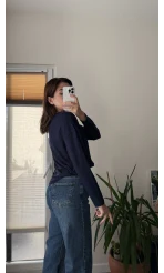 Valerie V Yaka Esnek Likralı Bluz Lacivert