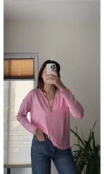 Valerie V Yaka Esnek Likralı Bluz Pembe