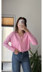 Valerie V Yaka Esnek Likralı Bluz Pembe