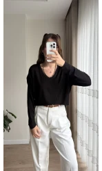 Valerie V Yaka Esnek Likralı Bluz Siyah