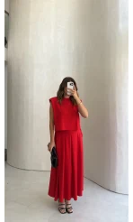 Vatkalı Etekli Bluz Takım - Kırmızı - Kod: 4125