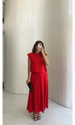 Vatkalı Etekli Bluz Takım - Kırmızı - Kod: 4125
