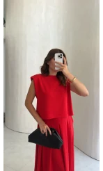 Vatkalı Etekli Bluz Takım - Kırmızı - Kod: 4125