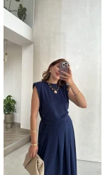 Vatkalı Etekli Bluz Takım - Lacivert - Kod: 4125