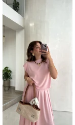 Vatkalı Etekli Bluz Takım - Pembe - Kod: 4125