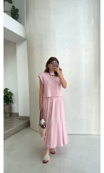 Vatkalı Etekli Bluz Takım - Pembe - Kod: 4125