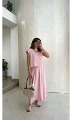 Vatkalı Etekli Bluz Takım - Pembe - Kod: 4125