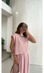 Vatkalı Etekli Bluz Takım - Pembe - Kod: 4125
