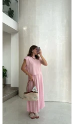 Vatkalı Etekli Bluz Takım - Pembe - Kod: 4125