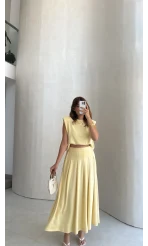 Vatkalı Etekli Bluz Takım - Sarı - Kod: 4125