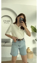 Vatkalı Polo Yaka T-shirt Beyaz