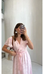 Velina Kruvaze Yaka Kuşaklı Elbise - Pembe - Kod: 3113
