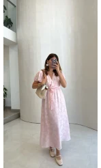 Velina Kruvaze Yaka Kuşaklı Elbise - Pembe - Kod: 3113