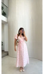 Velina Kruvaze Yaka Kuşaklı Elbise - Pembe - Kod: 3113