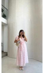 Velina Kruvaze Yaka Kuşaklı Elbise - Pembe - Kod: 3113