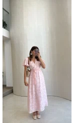Velina Kruvaze Yaka Kuşaklı Elbise - Pembe - Kod: 3113