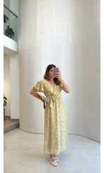 Velina Kruvaze Yaka Kuşaklı Elbise - Yeşil - Kod: 3113