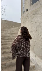 Velma Fular Bağlamalı Desenli Şifon Bluz - Kahverengi - Kod: 5024