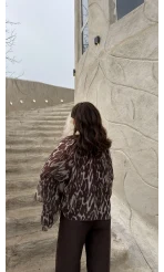 Velma Fular Bağlamalı Desenli Şifon Bluz - Kahverengi - Kod: 5024