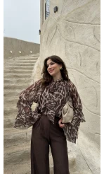 Velma Fular Bağlamalı Desenli Şifon Bluz - Kahverengi - Kod: 5024