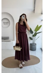 Velma Kalın Askılı Bluz Midi Etek Takım - Bordo