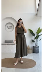 Velma Kalın Askılı Bluz Midi Etek Takım - Haki