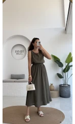 Velma Kalın Askılı Bluz Midi Etek Takım - Haki