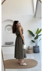 Velma Kalın Askılı Bluz Midi Etek Takım - Haki