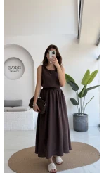 Velma Kalın Askılı Bluz Midi Etek Takım - Kahve